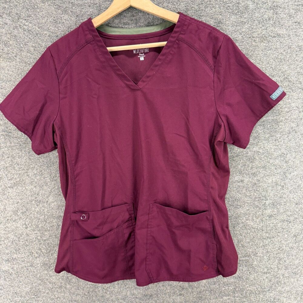 Med Couture Scrub Top Women L Large Purple V-Neck Short Sleeve Pockets Rayon